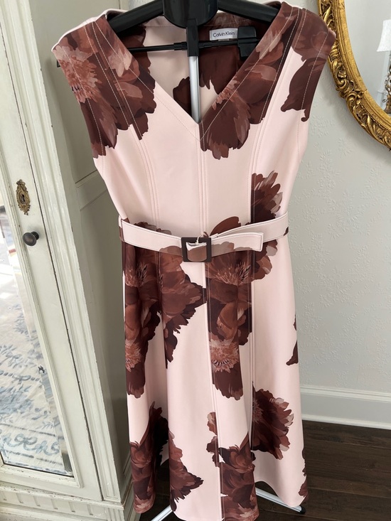 Calvin Klein Dresses & Skirts - Calvin Klein Tan & Brown Floral Belted Scuba Sleeveless Midi Dress
